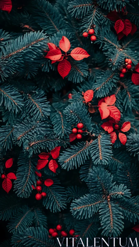 Contrasting red foliage punctuates deep teal conifer boughs