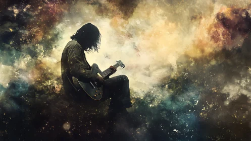 Silhouetted guitarist in cosmic haze digital painting study.