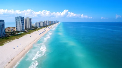 Endless high-rise coast meets calm turquoise ocean horizon.