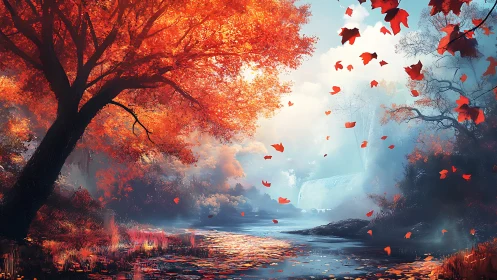 Crimson leaves drifting over a misty waterfall sanctuary.