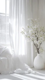Soft morning light with white blossoms by a quiet window.