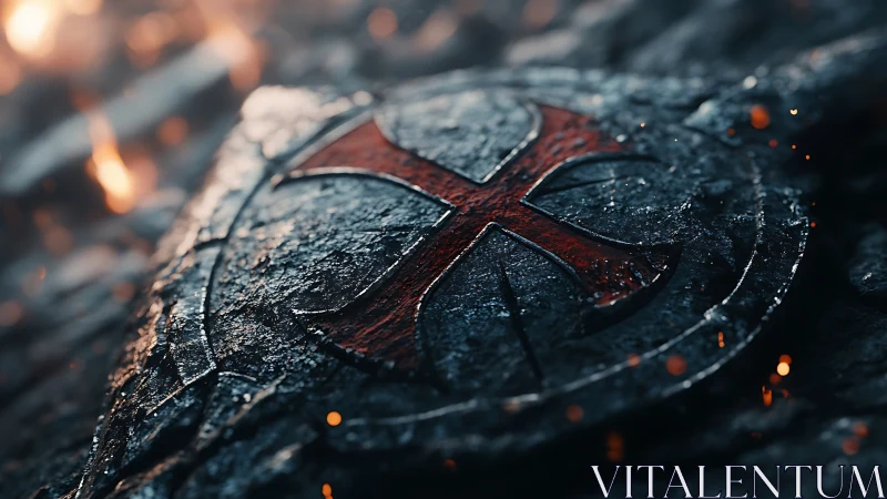 Weathered crusader emblem rests amid glowing battlefield embers.