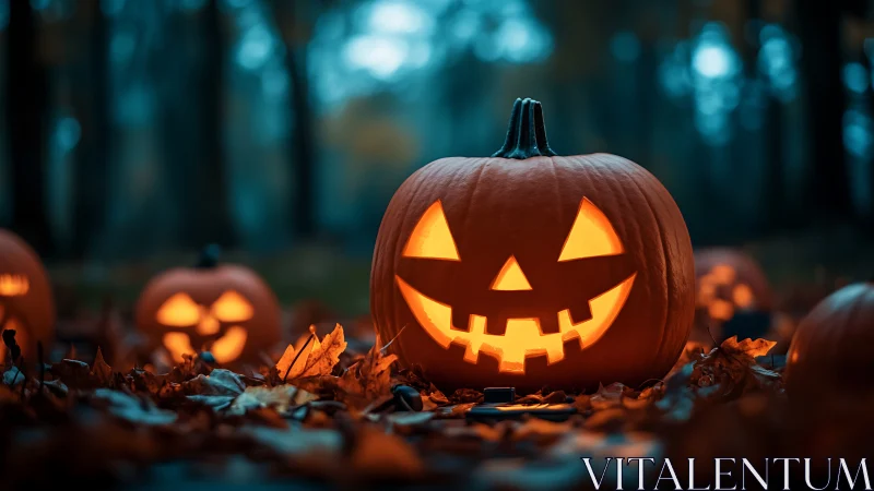 Glowing jack o lanterns light misty forest floor at dusk.