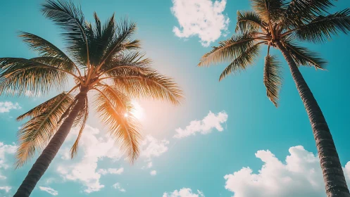 Sunlit palm trees against turquoise tropical sky.