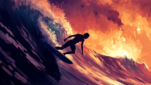 Sunset-scorched waves carry a lone surfer through molten light