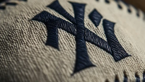 Stitched emblem close‑up on weathered baseball leather surface.