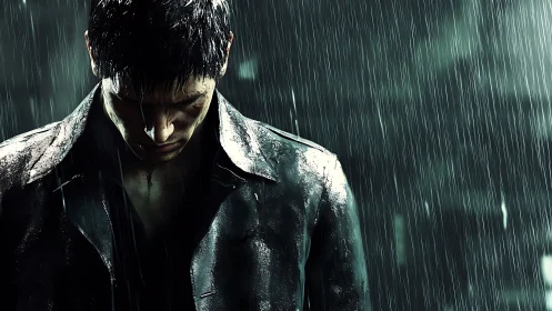 Solitary male figure stands in heavy rain with head lowered