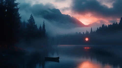 Foggy lake, silhouetted forest, and red sun at dusk.