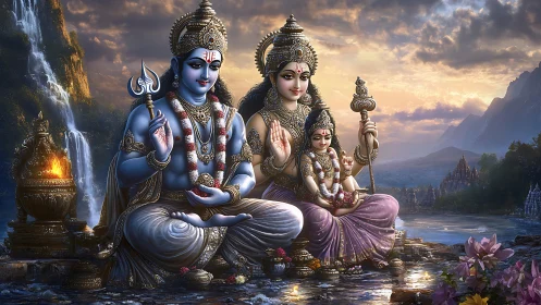 Divine Hindu family rendered in luminous digital realism.