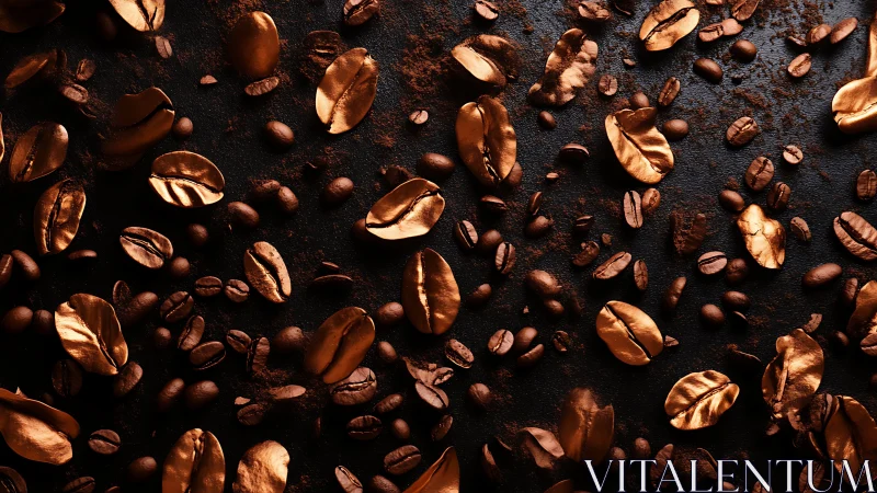 Coffee beans with metallic accents on dark textured surface.