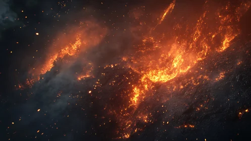 Massive Wildfire Inferno With Billowing Smoke and Embers