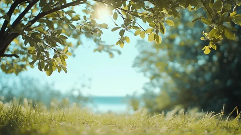 Tree branches frame bright sunlit grass in soft focus