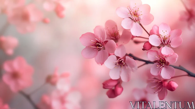 Pink peach blossoms clustered on dark branch against bokeh background.