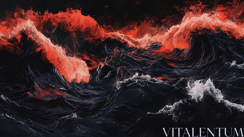 High-contrast crimson foam breaking over dark turbulent ocean