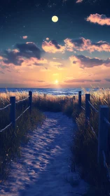 Moonlit dune path toward glowing ocean sunset horizon.
