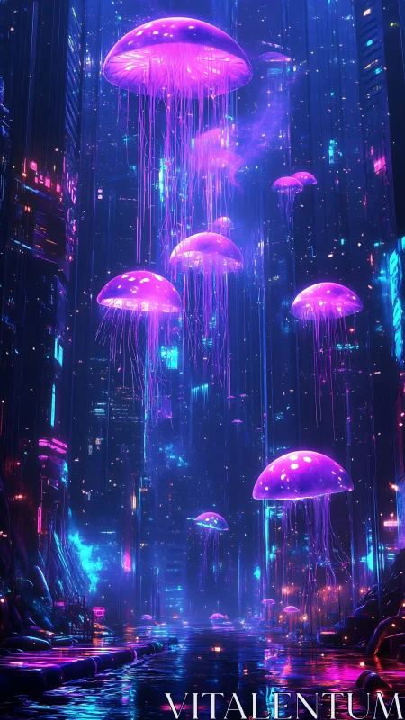 Neon jellyfish drift through glowing cyberpunk city.
