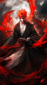 Red-haired swordsman stands in swirling crimson energy field