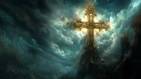 Stormlit golden crucifix above a crumbling twilight realm.