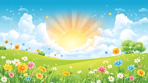 Cartoon landscape with sun, clouds, rolling hills and flowers.