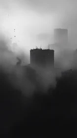 Fog-shrouded high-rises dominate monochrome city skyline.