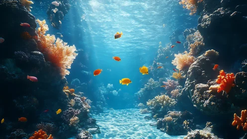 Sunlit coral reef corridor holds colorful tropical fish