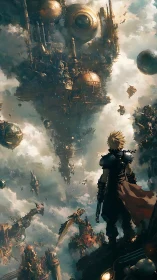 Solitary armed figure observing dense airborne cityscape.