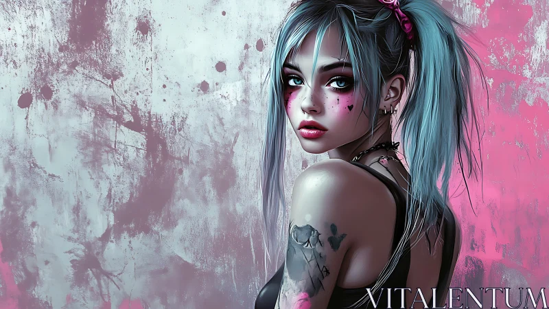 Digital painting portrait with punk neon palette and splatter wall.
