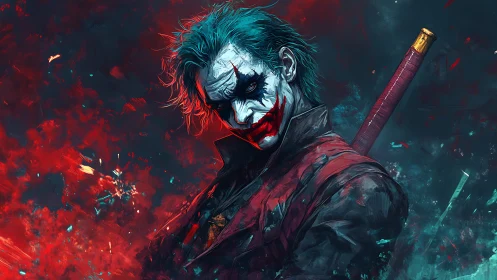 Clown-painted figure with sword in red and teal abstract field.