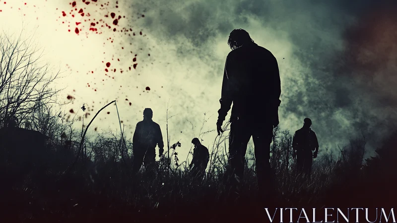 Cinematic horror silhouettes in desolate mist-laden field.