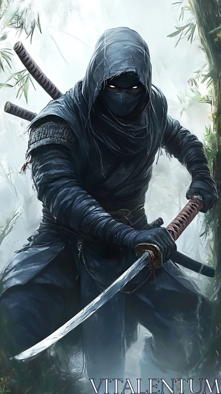 Hooded ninja warrior poised with katana in misty bamboo grove.