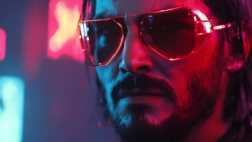 Neon-lit rebel in electric shades stalks the cyber city night.