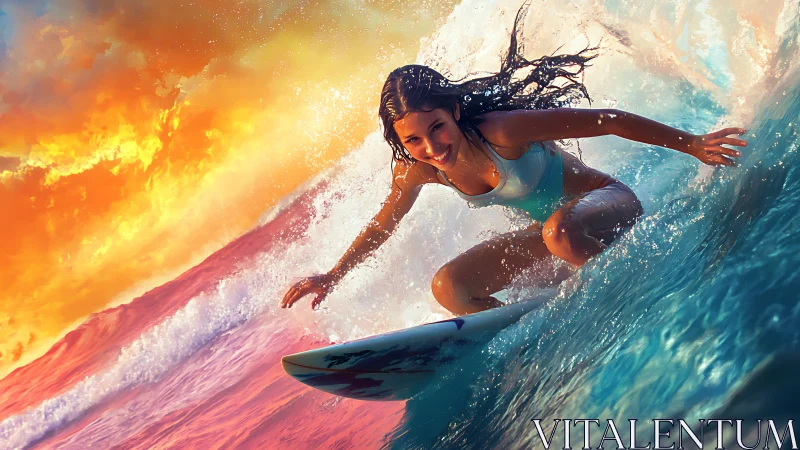 Confident young surfer rides vibrant sunset wave with focus.