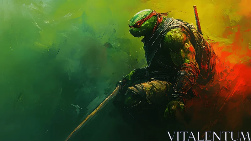 Dynamic turtle warrior rendered with textured brushwork and motion blur