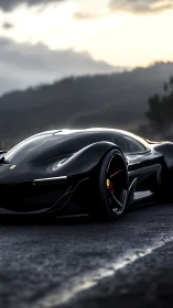 Black futuristic supercar hugs wet mountain road at dusk