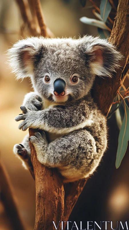 Photorealistic koala study on eucalyptus branch, shallow depth.