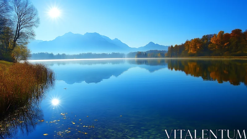 Mountain lake reflects clear sky and bright autumn shoreline