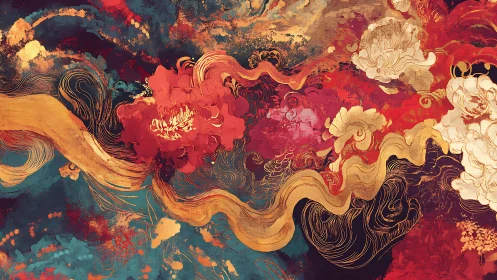 Floral currents flowing through crimson and teal depths.