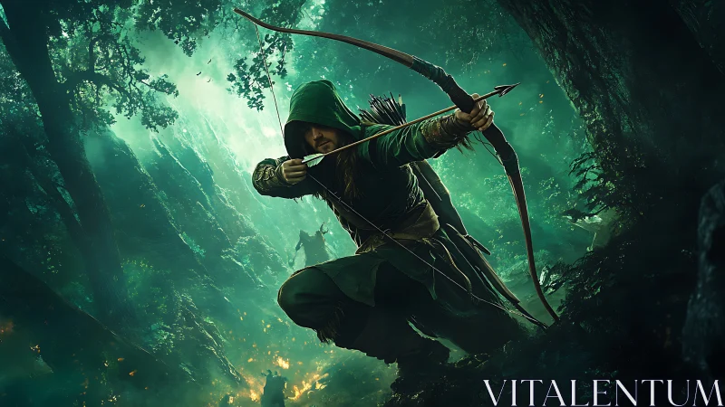Hooded forest archer drawing bow in emerald misted glade.