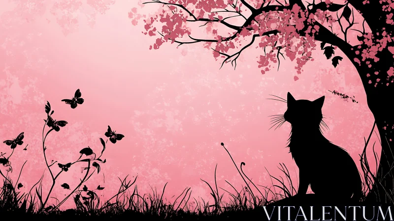 Silhouette cat observing butterflies in pink landscape.