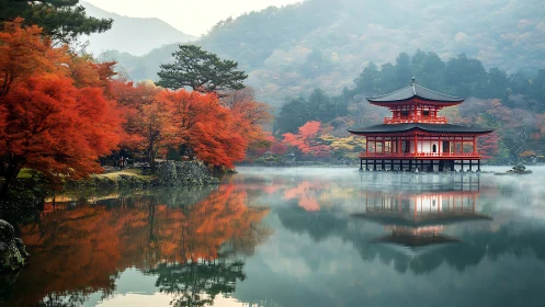 Serene lakeside pagoda reflects amid mist and autumn foliage