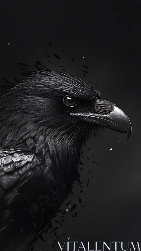 Monochrome side profile of detailed raven on dark field.