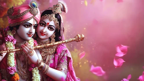 Radiant divine couple wrapped in pink petals and music.