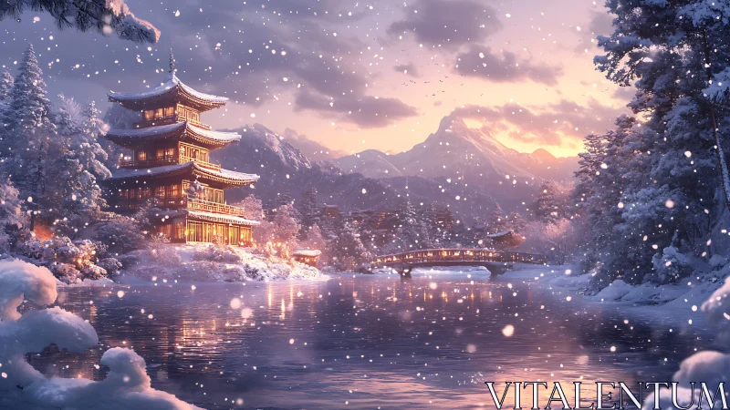 Snowy pagoda temple glows beside tranquil winter river.