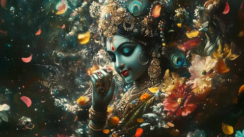 Celestial blue goddess adrift in jeweled cosmic blossoms.