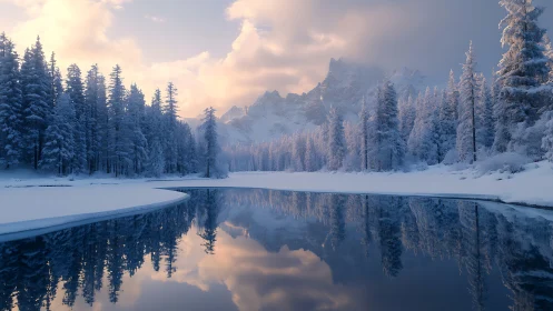 Snow covered conifer forest and mountains reflected in lake.