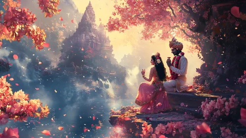 Blossom-laden river hushes as lovers greet a temple dawn