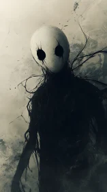 Humanoid figure with white mask-like head stands in foggy space