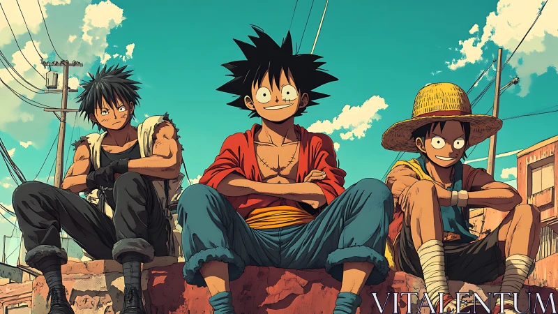 Sunlit anime friends relax together on a warm city rooftop