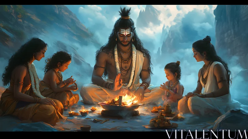 Sacred mountain family gathered in gentle firelit devotion.