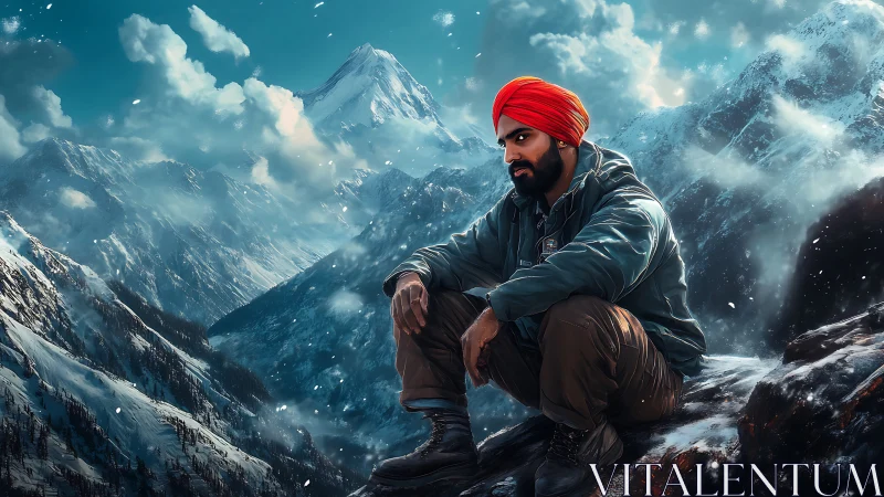 Quiet reflection as a traveler rests in snowy high peaks